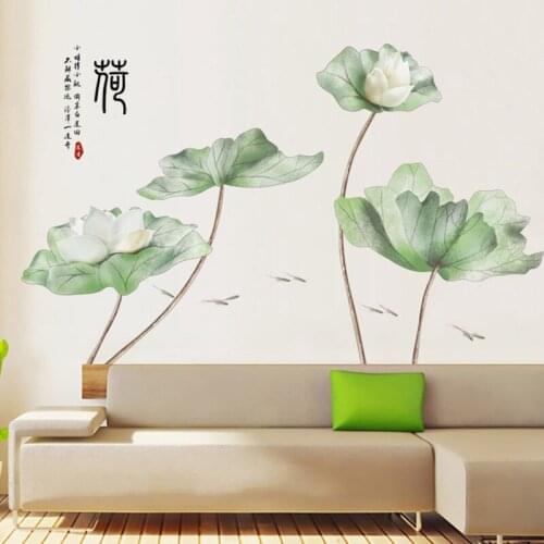 Large Chinese Style Lotus Flower Leaf Wall Stickers Living Room Decor Art Wall Decals Self Adhesive Wallpapers
