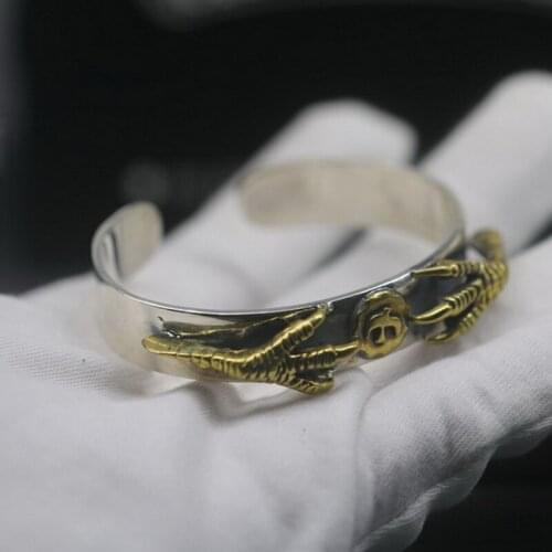 Handmade Pure Sterling Silver 925 Eagle Cuff Bangle With Brass Claw Top Quality Cool Punk Indian Tribe Thai Silver Jewelry Men