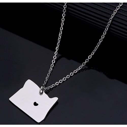 Stainless Steel Fashion Oregon Map Pendant Necklace Silver Color Oregon Map Heart Chain Jewelry