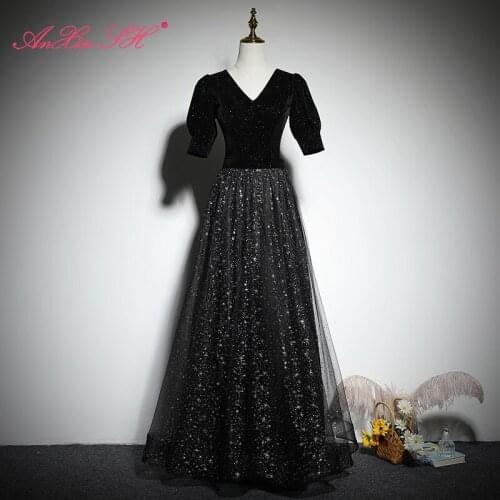 AnXin SH princess black velvet evening Dress vintage v neck bride performance short puff sleeve sparkly black lace evening dress