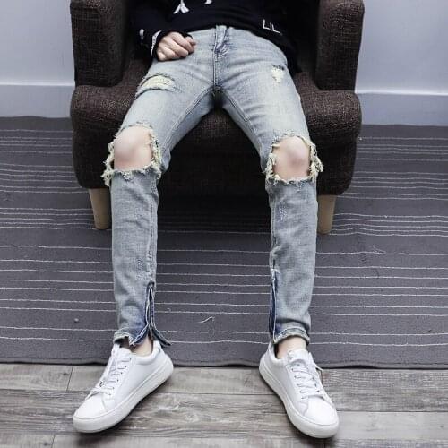 Summer Mens Light Blue Washed Denim Jeans Pencil Pants Hole Long Trousers F49