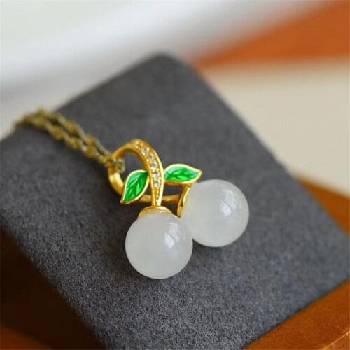 Natural Hetian Jade White Jade Small Cherry Pendant S925 Sterling Silver Jade Fresh Sweet Retro Womens Necklace Clavicle Chain