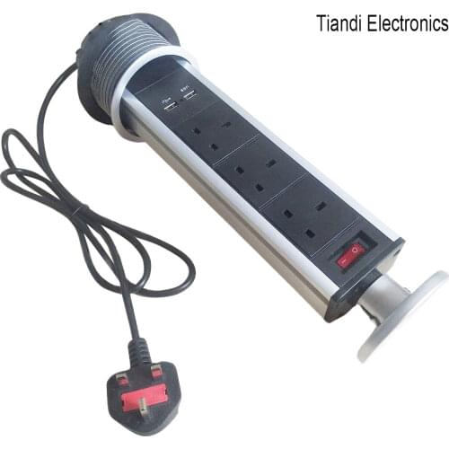 Kitchen office desktop socket 3-bit British power plug pull-out outlet with switch mobile phone USB charge extension cable 220V