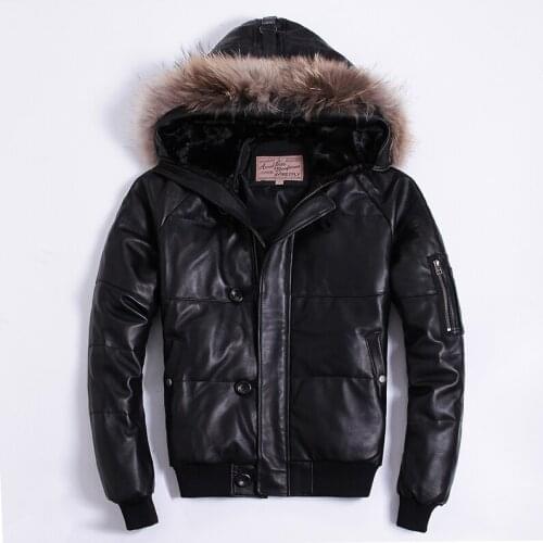 Fly Down Real Fur Genuine Leather Men Sheepskin Black Winter Coat Hooded Bomber Jacket