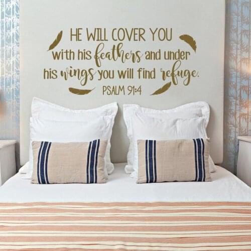Psalm Wall Sticker Quote Lord Cover You With Feathers Decal Bible Verse Home Decor Christian Living Room Decoration Scripture