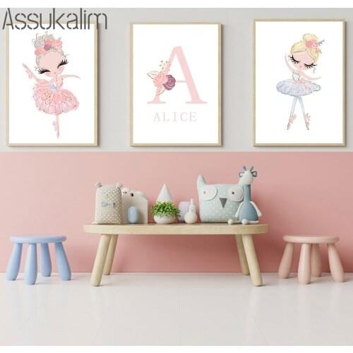 Custom Name Wall Posters Ballet Girl Canvas Painting Flower Print Nursery Wal Art Prints Nordic Pink Girl Bedroom Decoration