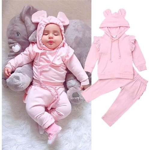 0-24months Newborn Girls Active Clothes 2019 Solid Pink Hoodies Sweatshirt Girls Long Pants Baby Girls Clothes Set Baby Outfits