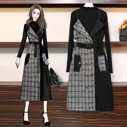 Autumn Winter Womens New Suit Fashionable Strap Dress + Sweater 2-Piece Suit Female Sets
