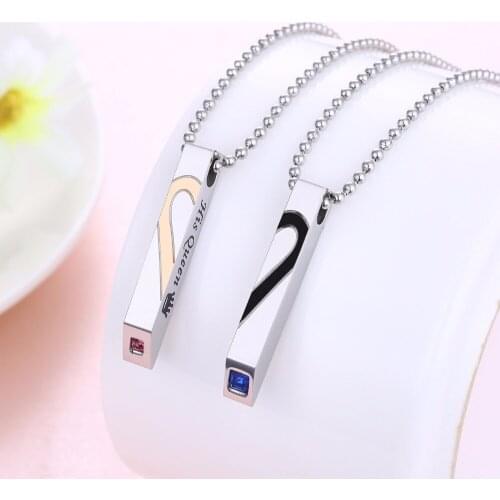 Fashion One Pair Silver Color Necklaces For Women Heart Shape Men Necklace Pendants Couple Cubic Zircon Necklace Lovers