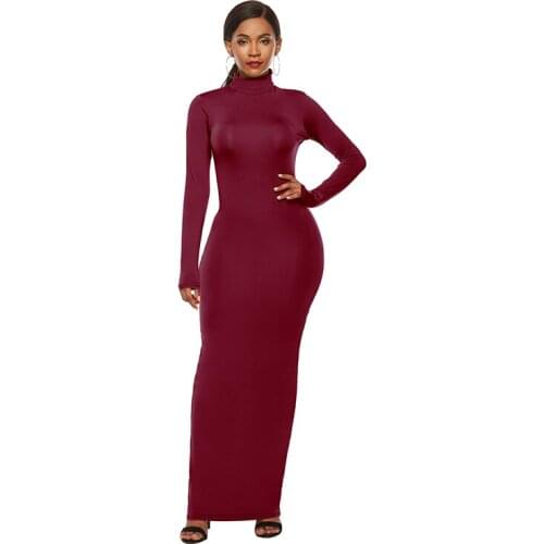 Plus Size S-5XL Long Sleeve Turtleneck Stretchy Long Dress 2020 Winter Women Solid Casual Slim Bodycon Package Hip Maxi Dresses
