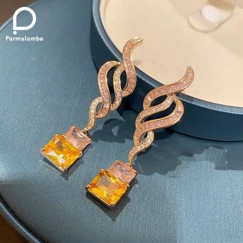 Luxury Cubic Zirconia Square Cut Leaves Yellow Long Water Drop Wedding Bridal Earrings Dress Women Jewelry Accessories PE0007