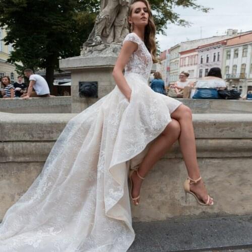 Scoop Neckline Champagne High Low Wedding Dress with Lace Appliques Front Short Long Back Sexy Bridal Dress