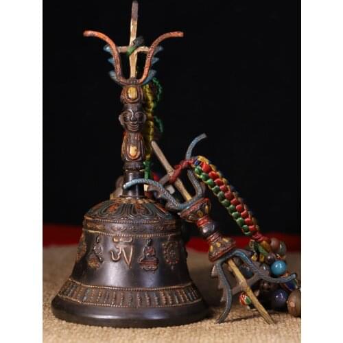 Tibetan monastery bronze hand-crafted chisel carved old rattles Sanskrit pattern Buddha statue Bell Faqi Phurba Vajra