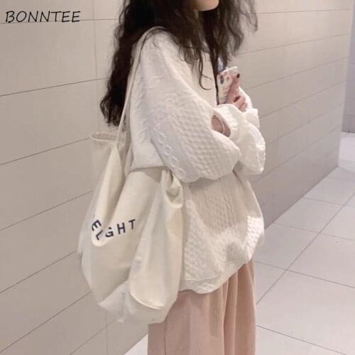 Hoodies Women White Simple Vintage Female Clothing Long-sleeve Harajuku Loose Tops Fashion Solid Casual Korean O-neck Popular