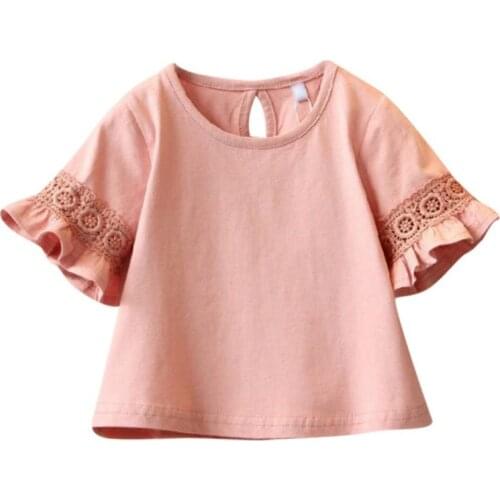 Children Girls Tops Clothes Baby Girl Flare Sleeve Round Neck Solid Print Lace Tops Shirts Kids Tops Summer Casual Blouse