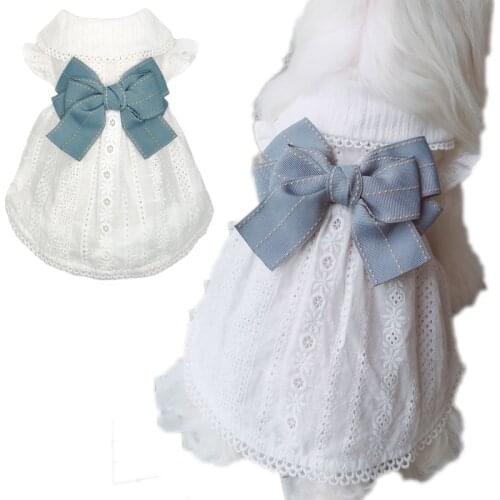 Noble White Dog Party Dress For Girls Summer Dress Blue Big Tie Bow Skirt Hollow Pet Clothes Puppy Cat Dresses For Evening Party