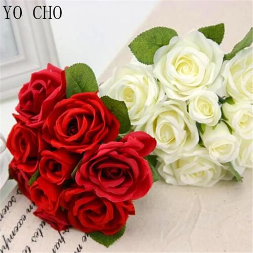 YO CHO Silk Artificial Rose Flowers Bunch Mini Red Rose White Peony Wedding Bridal Home Party Christmas Decorations Fake Flowers
