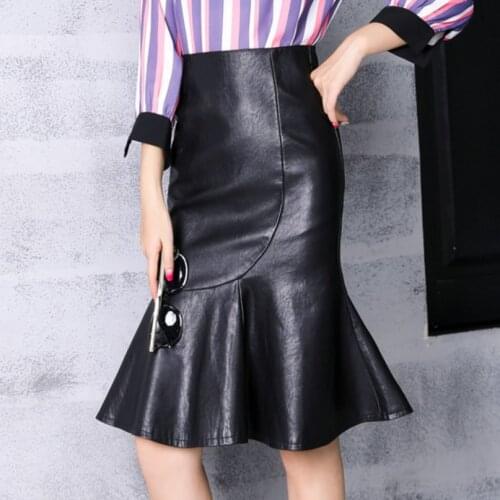 Spring Autumn Mermaid Skirt PU Leather Women High Waist Casual knee length Mid-Calf Skirts