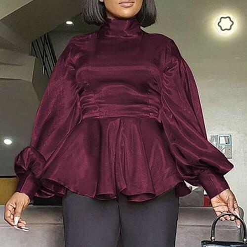 Blouse Autumn New 2021 Stand Up Collar Lantern Sleeve Solid Color Casual Ruffle Loose Simplicity Long Sleeve Women Western Style