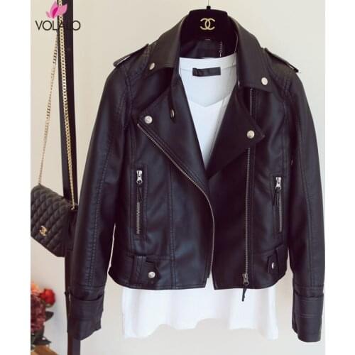 Women Autumn Leather Jacket Moto Biker Motocycle Female Outwear Classical Faux Leather Coat Black Turn-down Collar