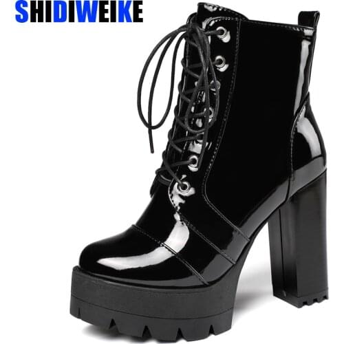 2021 Women Platform Chunky Heeled Bootie Women Shoes Patent Leathe Ankle Boots Round Toe Lace-up Chunky Thick Heels Ladies Shoes