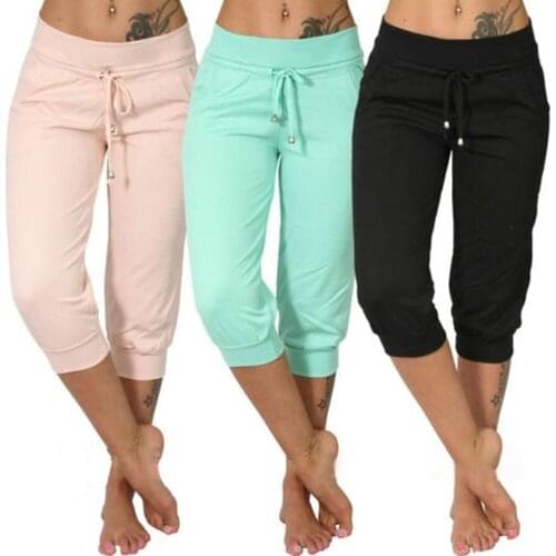 Women Casual Solid Color Low Rise Drawstring Pockets Sports Capri Pants Womens Fashion Short Trouser Pants Womens 2020