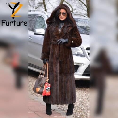 Women Luxury Real Mink Fur Hooded Overcoats 120CM Long Fur Coat Sashes Slim Ladies Fashion Brown Whole Skin Mink Fur Outerwear