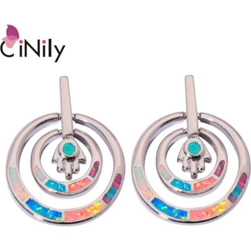CiNily Created White Blue Pink Rainbow Fire opal Silver Plated Wholesale New Style for Women Jewelry Stud Earrings 7/8" OH4135