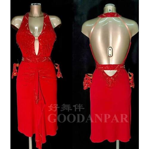 Latin dance dress for women Red latin dress Adult High Quality Latin dance costume big open back beads tube fringes GOODANPAR