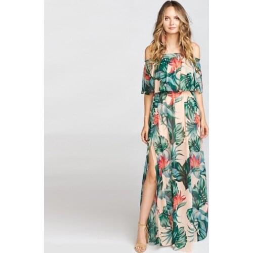 Europe and America Holiday Beach WOMENS Dress Printed Tee Dress Slit Transparent Big Hemline Elastic Waist Long Woman Dress