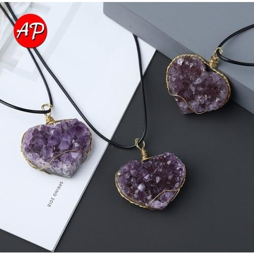 1pc Natural Deep Purple Crystal Amethyst Cluster Heart Shaped Pendant Aura Energy Gem Necklace Handwork Gift