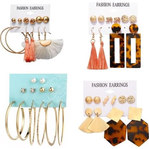 12pcs/set New Acrylic Big Circle Stud Earrings for Women Bohemian Flower Geometric Earrings Set Tassel Wholesale Jewelry