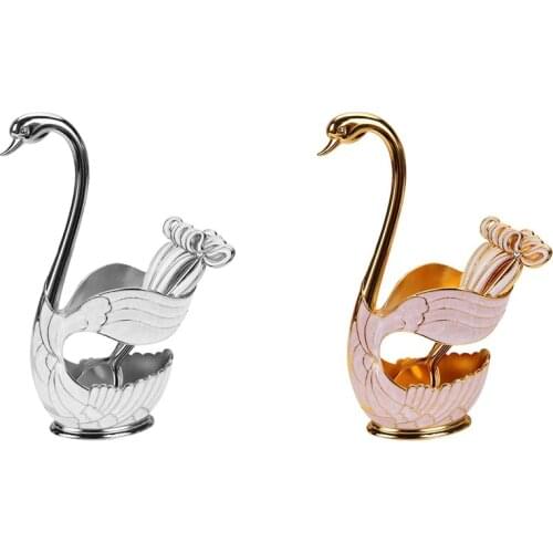 2 Pcs Dinnerware Set,Zinc Alloy Fruit Cake Fork Coffee Tea Spoon Swan Holder Cutlery Set Gold & Silver Retail