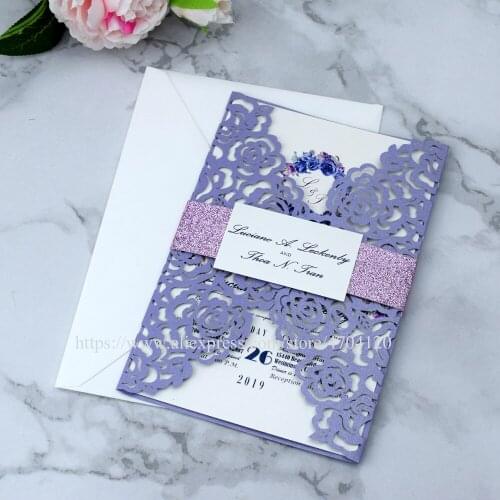 50pc Rose Shimmer Laser Cut Quinceanera Invitations with Glitter Belt and Tag 20+Color Rose Die Cut Wedding Invitation