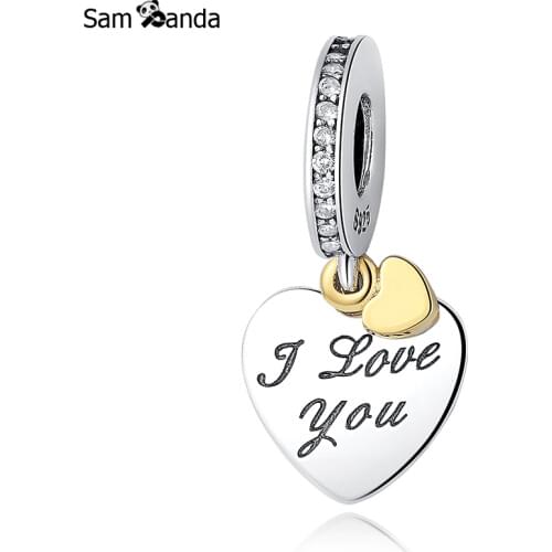 Authentic 100% 925 Sterling Silver Bead Golden I Love You Forever Dangle Charms Fit Pandora Original Bracelets Women DIY Jewelry