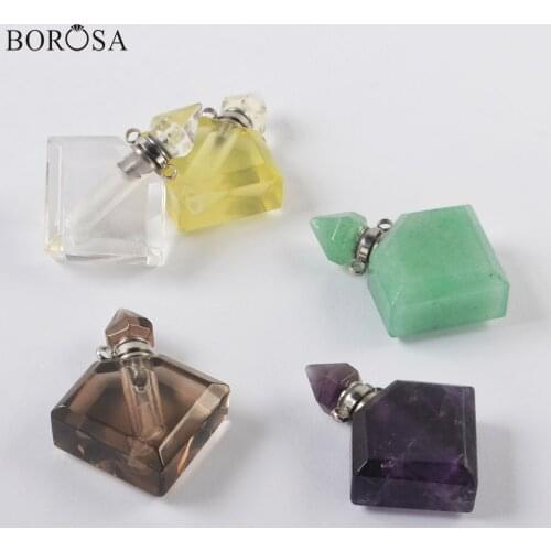 BOROSA Rhombus Gems Stones Perfume Bottle Pendant Amethysts Crystal Fluorite Essential Oil Diffuser Necklace Connector WX1756