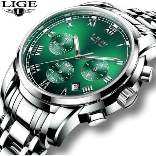 Relogio Masculino 2020 LIGE Green Fashion Mens Watches Top Brand Luxury Chronograph Male Sport Waterproof All Steel Quartz Clock