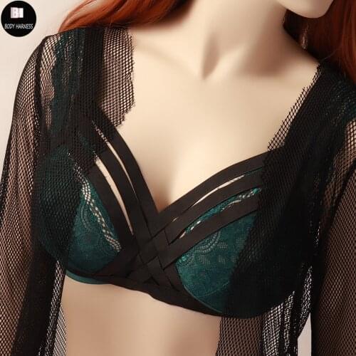 Black Elastic adjustable Harness belt Sexy Cage Bra Strappy Top Bustier Bondage Harness Goth Fetish Rave Pole Dance Body Harness