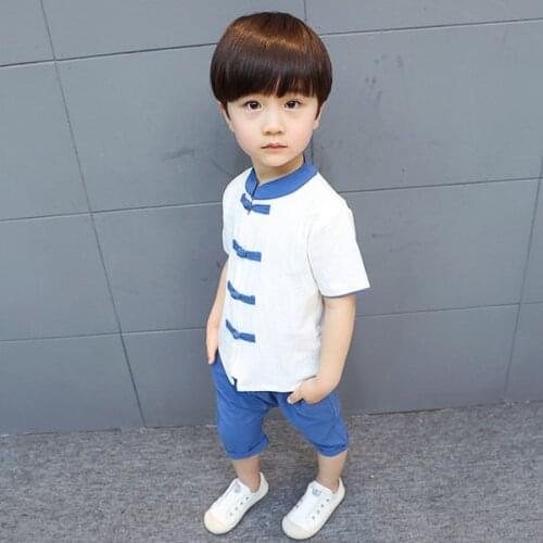 Chinese style childrens wear suit boy short sleeve cotton and linen two-piece suit
