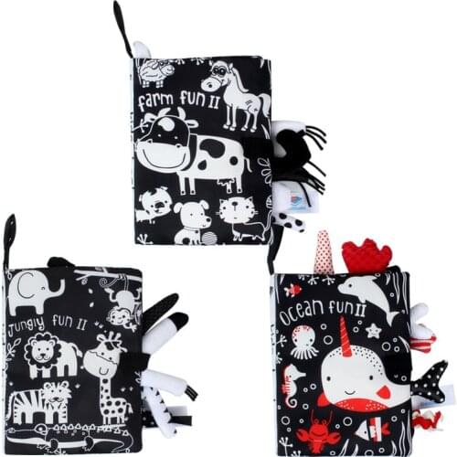 Baby Cartoon 3D Tail Black and White Red Animal Washable Cloth Book Infant Early Learning Cognition Toys with Sound Paper 0-24