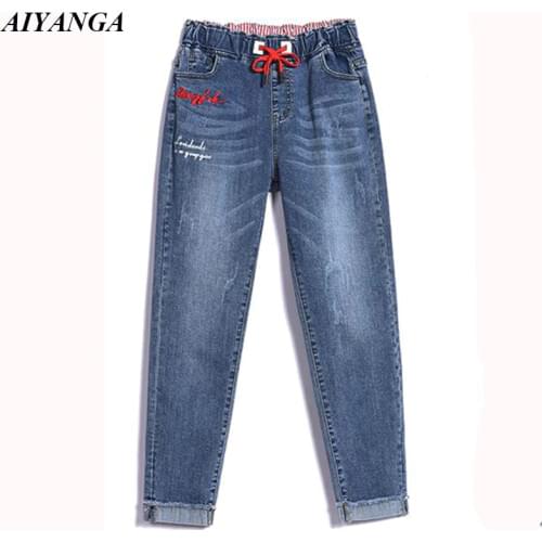 Jeans Women 2019 Spring High Waist Jeans For Women Denim Harem Pants Embroidery Letter Casual Ankle-Length Pants Elastic Waist