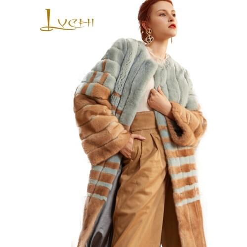 LVCHI 2019 Winter Imported velvet Mink Coat Real Fur Coats Women O-Neck Striped Contrast Color Full Sleeve X-Long Mink Fur Coats