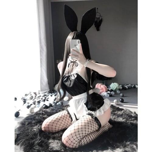 11pcs Set French Maid Outfit Bunny Girl Sexy Cosplay Costumes Gothic Leather Lingerie for Women High Quality Roleplay Sets