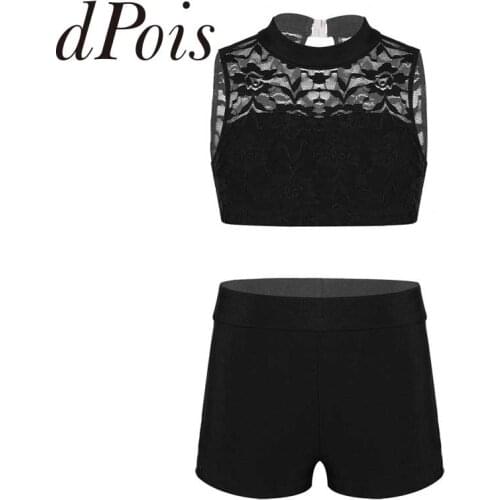 2PCS Kids Dancewear Sets Girls Sleeveless Floral Lace Tank Top with Bottoms Children Outfits Ballet Gym Workout Sports Suits