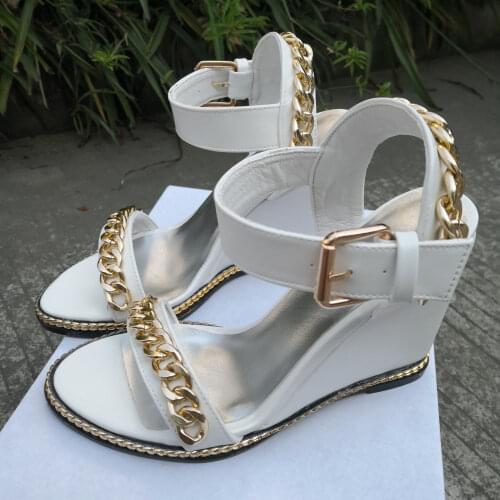 Summer Gladiator Gold Metal Chains Sandals Women Wedges Heels Peep toe Ankle Strap Buckle High Heel Sandals Shoes