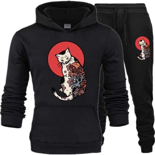 Men sets Japanese Ukiyo E Cat hoodies set Harajuku Streetwear hoodies and pants Casual Sweatshirts Sportswear Suits men clothes