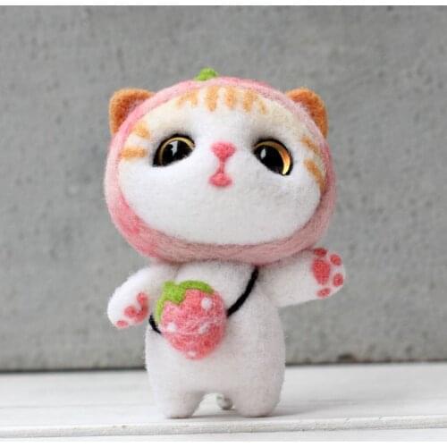 Pink Cat Wool Felt Craft DIY Unfinished Poked Set Handcraft Kit Needle Material E56C