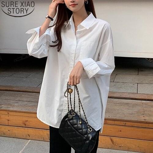 2021 Autumn New Oversize Shirt Women Long Sleeve White Blouse Pocket Korean Fashion Cotton Shirt Office Lady Tops Blusas 16857