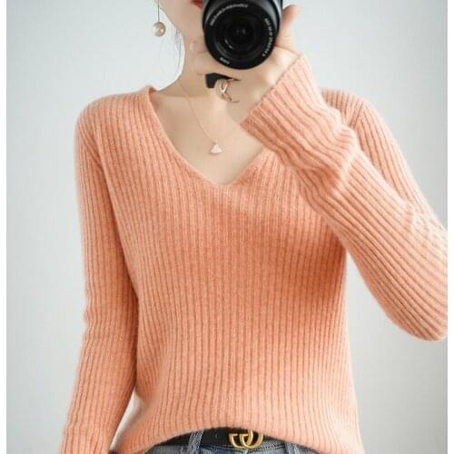 Spring new cashmere knitted womens V-neck pit strip 100% wool sweater Slim pullover long-sleeved bottoming shirt Autumn sweater