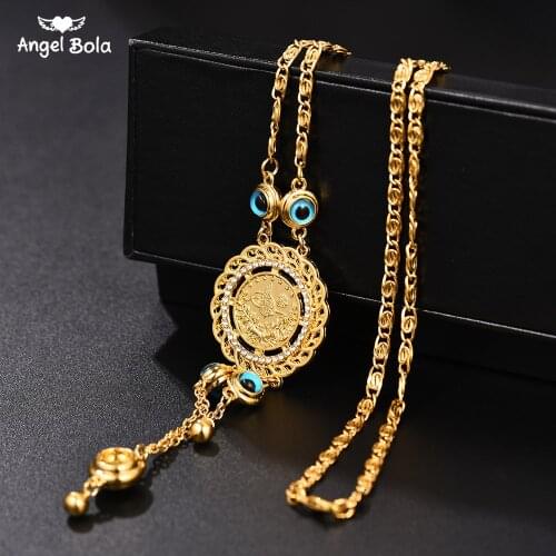 New Fashion Gold Turkey Blue Eye Fatima Palm Necklac for Women Jewelry Wholesale Good Luck Muslim Islam Allah Chain Necklace